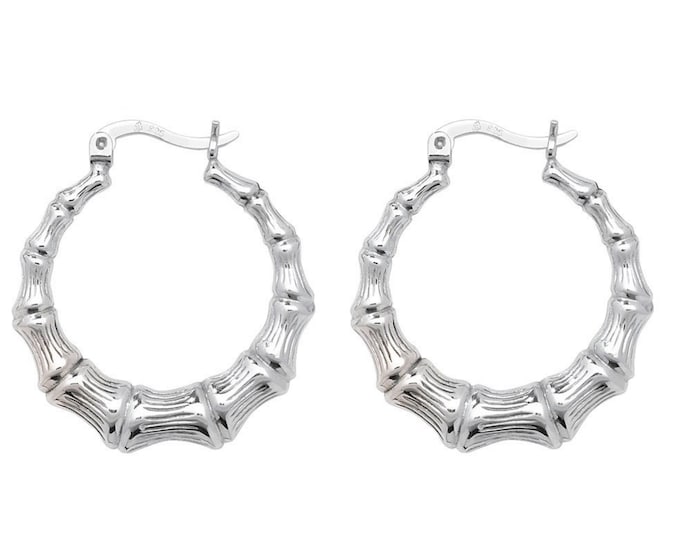 925 Sterling Silver 20mm Diameter Bamboo Design Creole Hoop Earrings