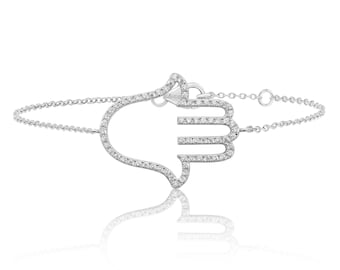 925 Sterling Silver Pave Cz Large Hamsa Hand 7" Bracelet Rhodium Plated