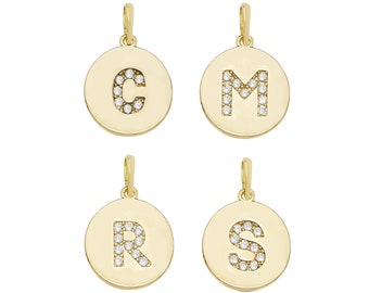 Round Initial Disc Pendants 9ct Yellow Gold Cz Pave Set 1.1cm Letters A-Z - Real 9K Gold