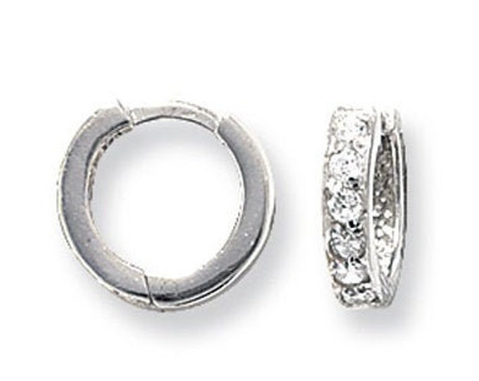 9ct White Gold 7mm Half Set Cz Hinged Hoop Earrings - Real 9K Gold