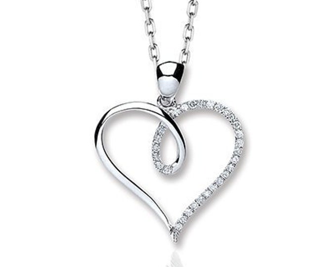 9ct White Gold 0.10ct Pave Diamond Twisted Knot Open Heart Pendant - Real 9K Gold