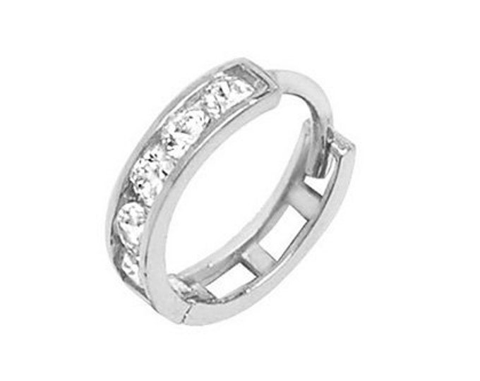 9ct White Gold 7mm Diameter Channel Set Cz Hinged Helix Cartilage Single Hoop Earring - Real 9K Gold