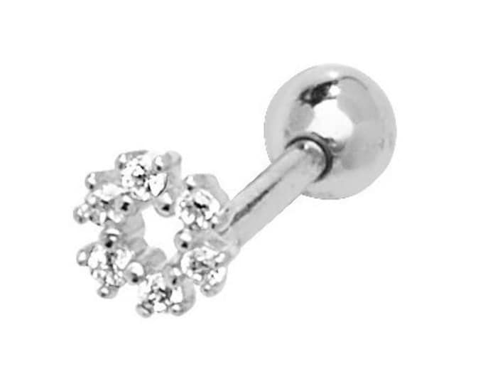 9ct White Gold Cz Wreath Design Helix Cartilage 6mm Bar Screw Back Single Stud Earring - Real 9K Gold