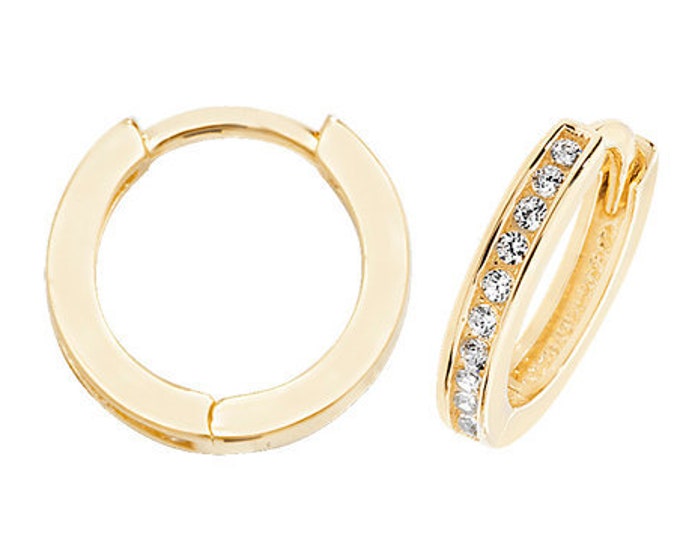 9ct Yellow Gold 10mm Channel Set Cz Hinged Hoop Earrings - Real 9K Gold