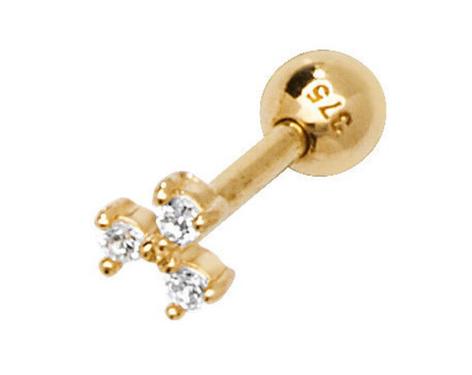 SINGLE 9ct Gold 8.5mm Post Trilogy 3 Stone Cz Cartilage Stud Screw Back Earring - Real 9K Gold