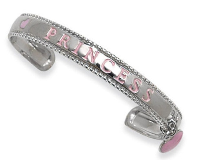 925 Sterling Silver Pink PRINCESS Heart Charm Babies Torque Bangle