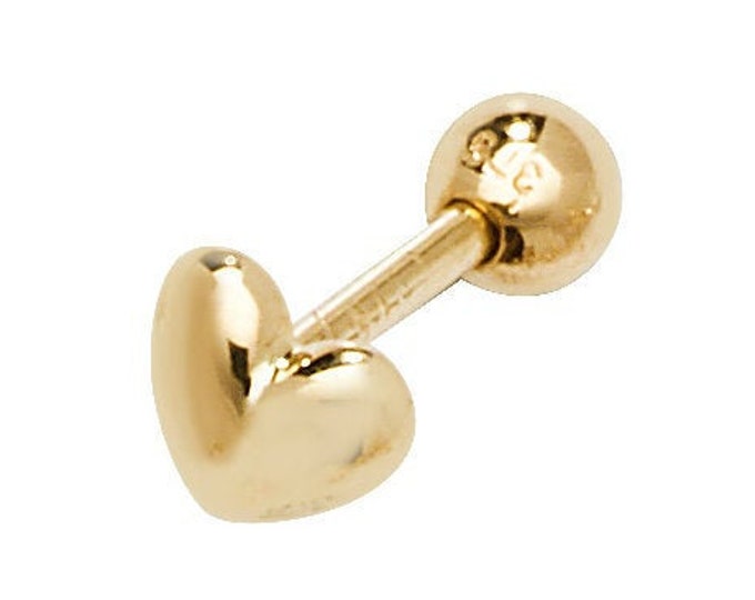 SINGLE 9ct Yellow Gold Domed Heart Shaped Cartilage 6mm Bar Stud Screw Back Earring - Solid 9K Gold