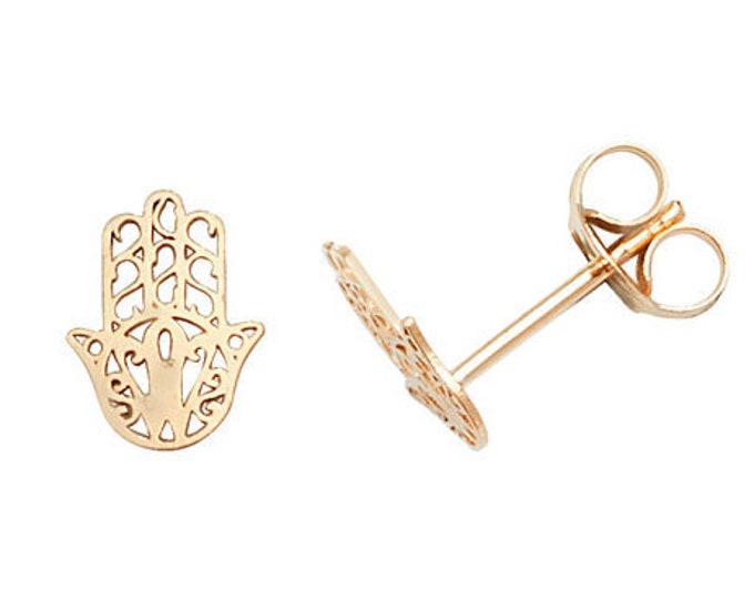 9ct Yellow Gold 6mm Filigree Hamsa Hand Stud Earrings- Real 9K Gold