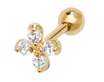9ct Yellow Gold Cz Flower Helix Cartilage 4mm Diameter Screw Back Single Stud Earring - Real 9K Gold