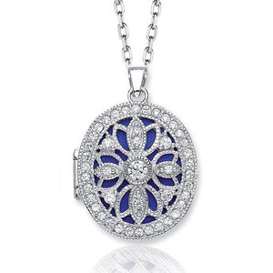 Vintage Filigree Design 925 Sterling Silver Cz Oval Shaped 2 Photo Locket