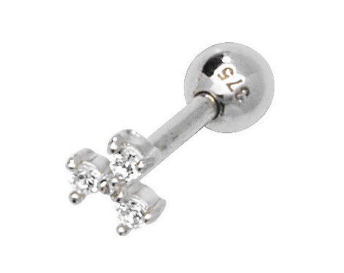 9ct White Gold 8.5mm Post Trilogy 3 Stone Cz Cartilage Single Stud Screw Back Earring - Real 9K Gold