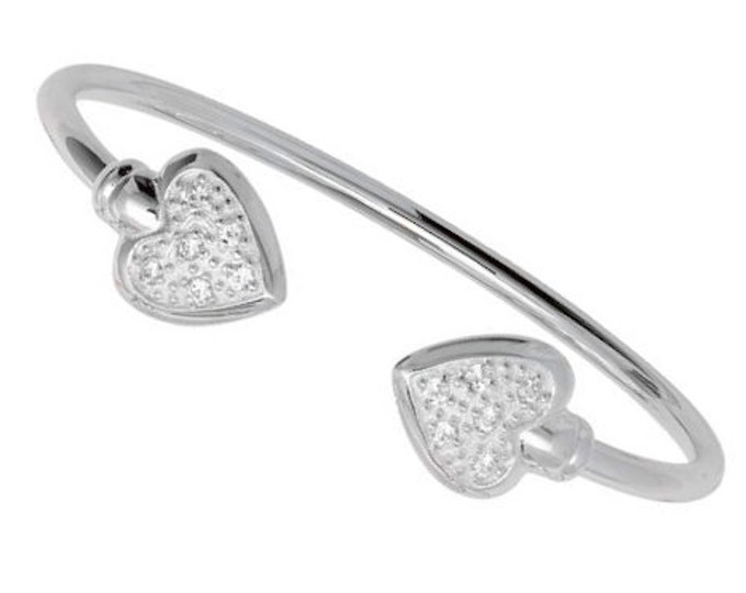 Childs 925 Sterling Silver Double Heart Cz Baby Torque Bangle