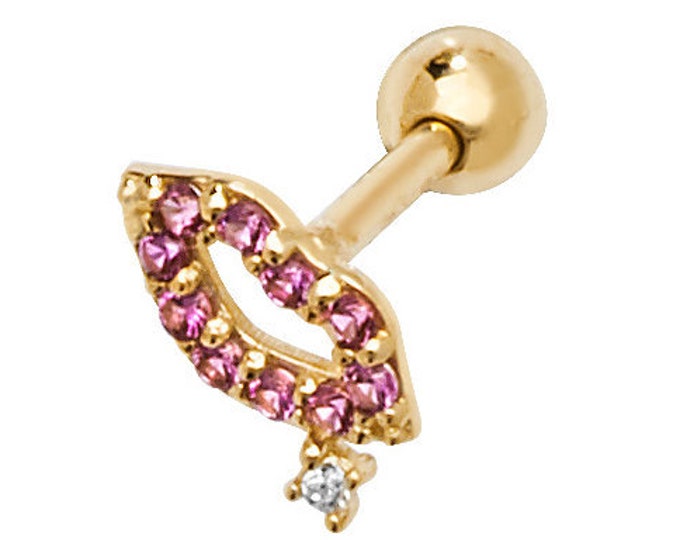 9ct Yellow Gold Pink Cz  Hot Lips Bolt Helix Cartilage 6mm Screw Back Single Stud Earring - Real 9K Gold