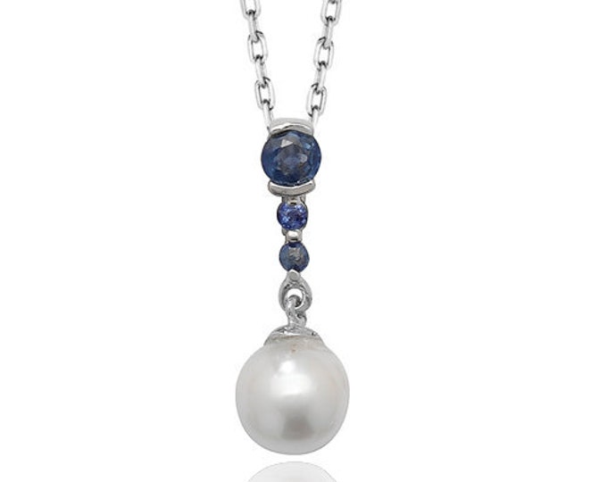 Blue Sapphire Gemstone & Cultured Pearl 2cm Teardrop Pendant 9ct White Gold Hallmarked - Real 9K Gold