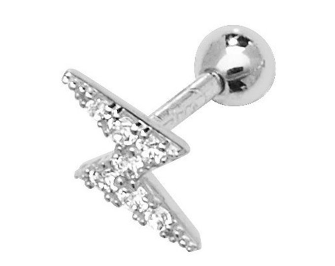 9ct White Gold 6mm Post Cz Lightning Bolt Helix Cartilage Screw Back SINGLE Stud Earring - Real 9K Gold