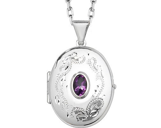 Sterling Silver Engraved Oval Shaped 2 Photo Locket With Centre Purple Amethyst