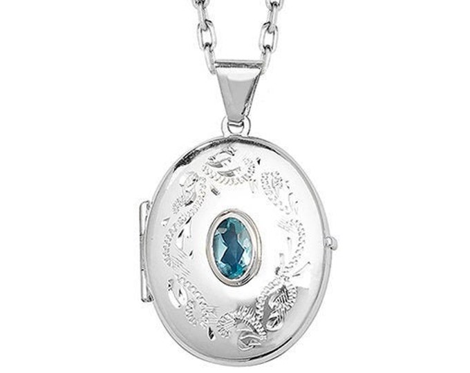 Sterling Silver Engraved Oval Shaped 2 Photo Locket With Centre Real Blue Topaz