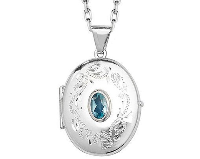 Sterling Silver Engraved Oval Shaped 2 Photo Locket With Centre Real Blue Topaz