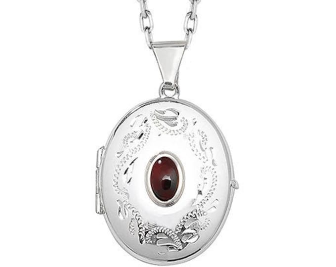 925 Sterling Silver Red Garnet Gemstone Oval Engraved 2 Photo Locket