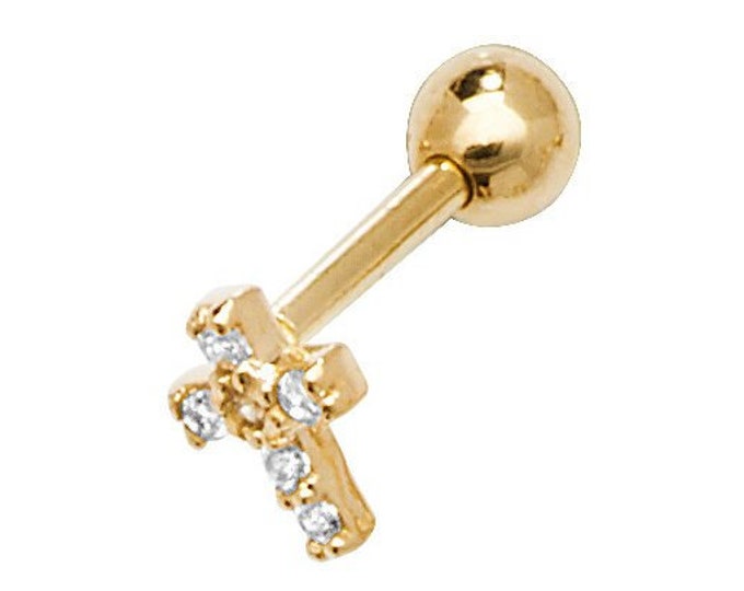 9ct Yellow Gold Cz Cross Helix Cartilage 6mm Post Screw Back Single Stud Earring - Real 9K Gold
