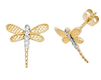 9ct Yellow Gold Filigree Lattice 8mm Dragonfly Cz Stud Earrings - Real 9K Gold