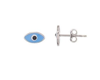 925 Sterling Silver Small 8x4mm Blue Enamel Evil Eye Stud Earrings