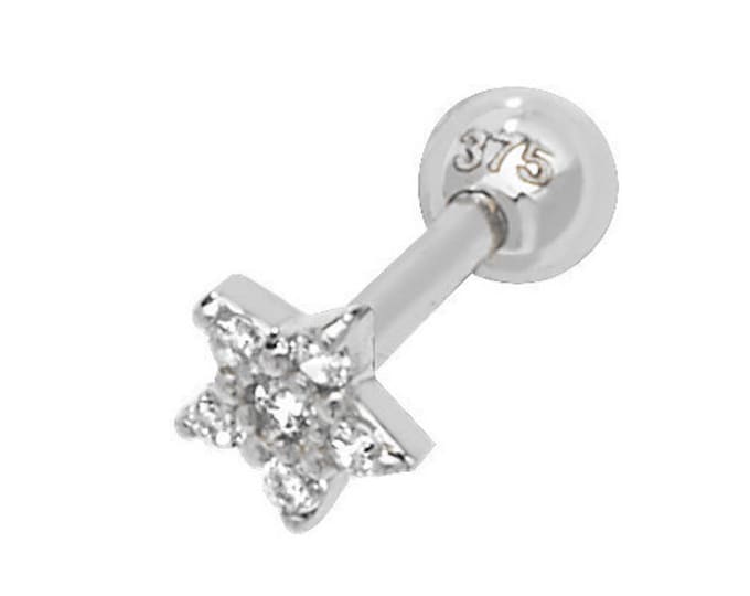 SINGLE 9K White Gold 8.5mm Post Small Pave Cz Star Helix Cartilage Stud Screw Back Earring - Real 9K Gold