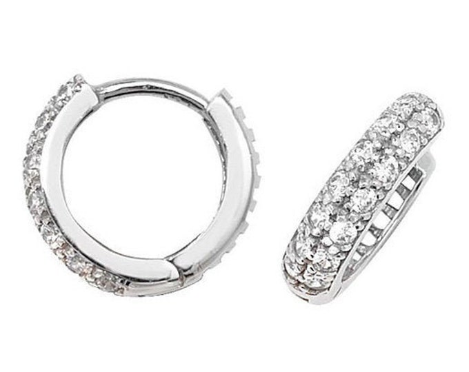 9ct White Gold 8mm Pave Set Cz Hinged D Shape Hoop Earrings - Real 9K Gold