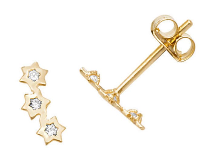 Small 9ct Yellow Gold 8mm Three Shooting Stars Cz Stud Earrings- Real 9K Gold