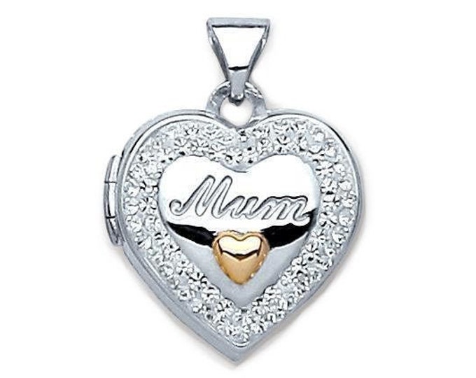 925 Sterling Silver 14mm Heart Shaped Mum Locket With Crystal Border