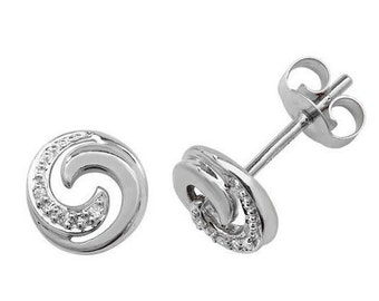 9ct White Gold 0.02ct HSi Diamond Swirl 6mm Stud Earrings - Real 9K Gold