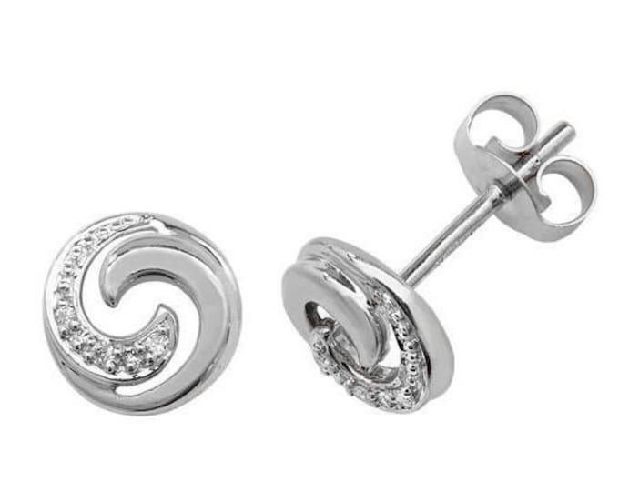 9ct White Gold 0.02ct HSi Diamond Swirl 6mm Stud Earrings - Real 9K Gold