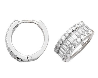 9ct White Gold 10mm Baguette Centre Cz Hinged Hoop Earrings - Real 9K Gold