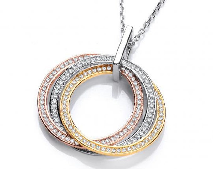 Three Colour Circle of Life Micro Pave Cz Pendant 925 Sterling Silver 16"-18" Necklace