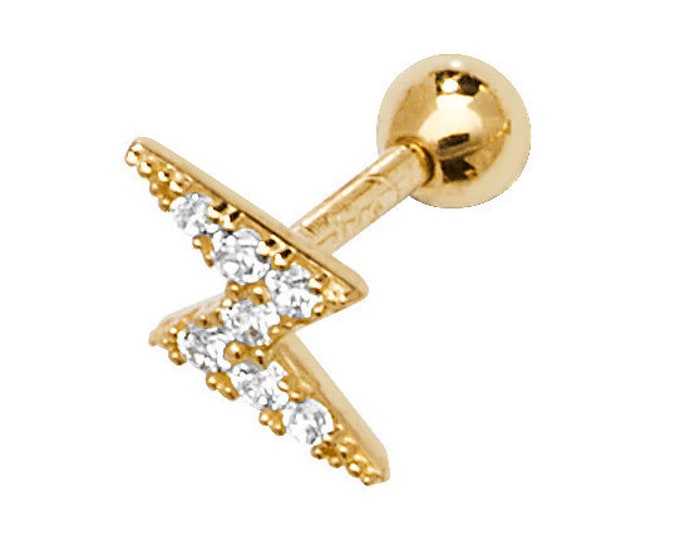 9ct Yellow Gold 8.5mm Post Cz Lightning Bolt Helix Cartilage Screw Back SINGLE Stud Earring - Real 9K Gold