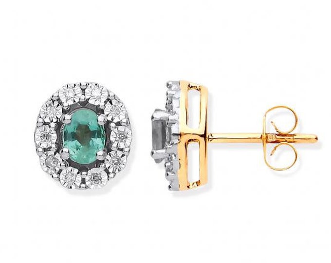 9ct Yellow Gold 0.60ct Oval Cut Emerald Diamond Cluster Earrings 10x8mm - Real 9K Gold