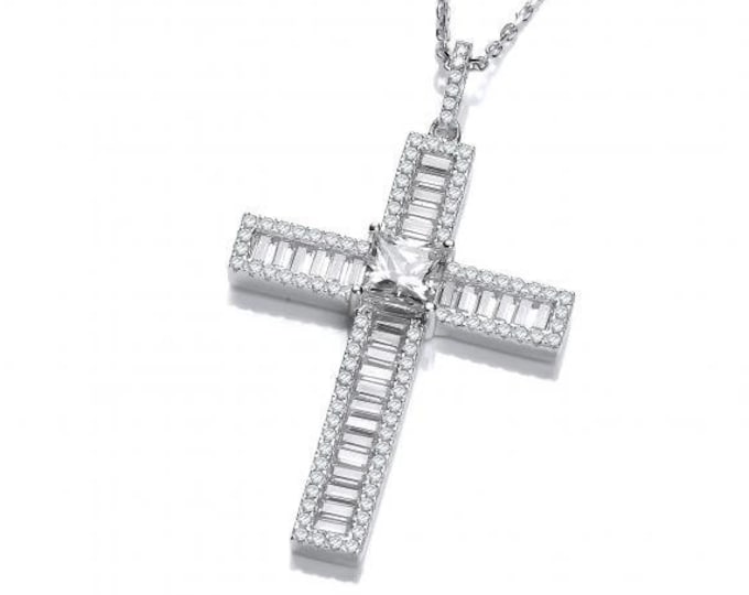 Princess & Baguette Look-of-Diamond Cross Pendant 925 Sterling Silver 16"-18" Necklace