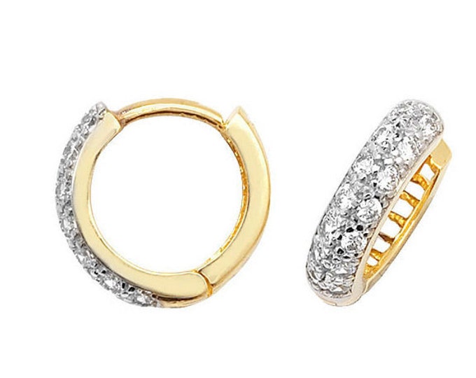 9ct Yellow Gold 8mm Pave Set Cz Hinged D Shape Hoop Earrings - Real 9K Gold