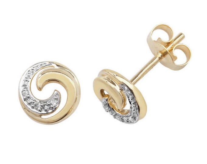 9ct Yellow Gold 0.02ct HSi Diamond Swirl 6mm Stud Earrings - Real 9K Gold