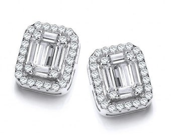 Baguette Cut Look-of-Diamonds Cz Cluster Stud Earrings 925 Sterling Silver