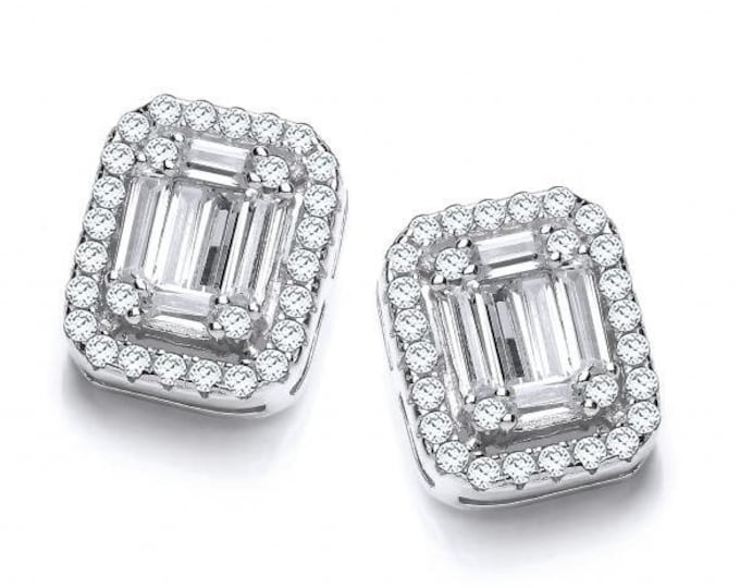 Baguette Cut Look-of-Diamonds Cz Cluster Stud Earrings 925 Sterling Silver