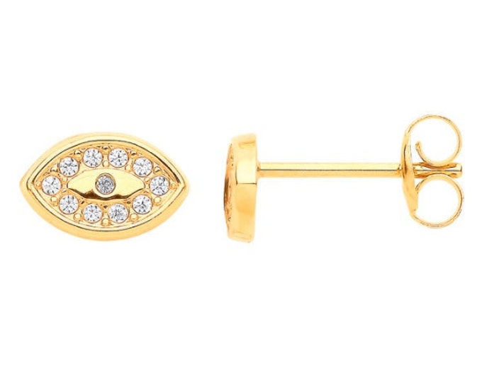 9ct Yellow Gold Small 7X5mm Evil Eye Cz Stud Earrings - Real 9K Gold