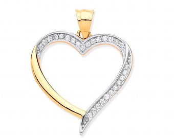 9ct Yellow Gold 2cm Micro Pave Cz Open Heart Charm Pendant Hallmarked - Real 9K Gold