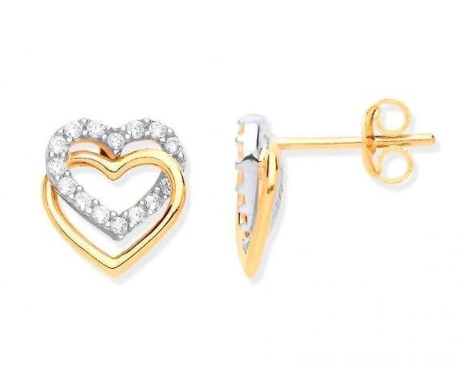 9ct Yellow Gold 8mm Double Linked Heart Stud Earrings Set With Cz Stones - Real 9K Gold