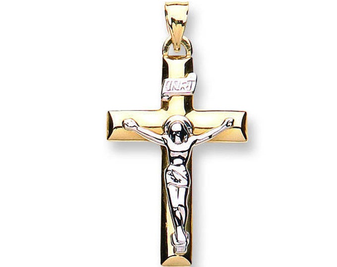9K Bi Colour Gold Hollow Jesus Crucifix Cross Pendant 30x20mm - Real 9K Gold