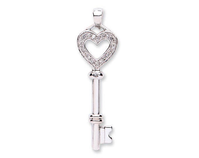 9ct White Gold 0.08ct Pave Diamond Heart Shaped Key Charm Pendant - Real 9K Gold