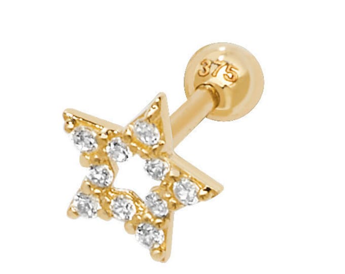 9ct Yellow Gold 8.5mm Post Pave Cz Cut Out Star Helix Cartilage SINGLE Stud Screw Back Earring - Real 9K Gold