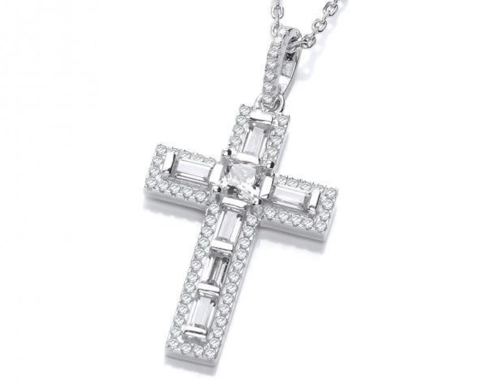 Baguette & Round Cut Look-of-Diamond Cross Pendant Sterling Silver 16"-18" Necklace