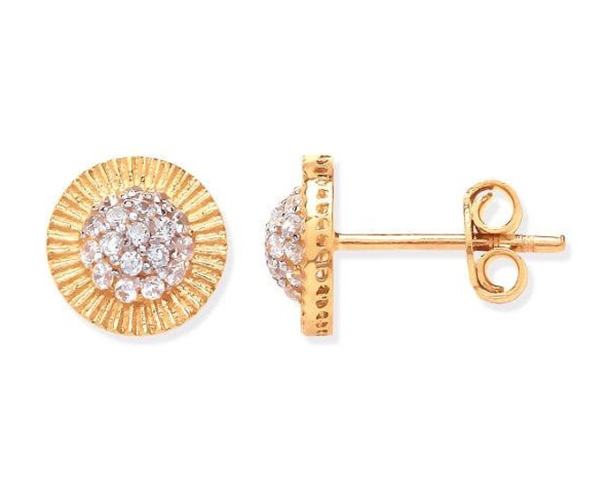 9ct Yellow Gold 8mm Sunburst Cz Cluster Stud Earrings - Real 9K Gold