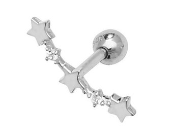 9ct White Gold 8.5mm Post Cubic Zirconia & Stars Helix Cartilage Screw Back Single Stud Earring - Real 9K Gold